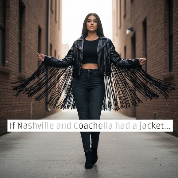 Fashion Nova Jackets & Blazers - Fashion Nova Black Faux Leather Long Fringe Jacket Moto Biker Boho Western